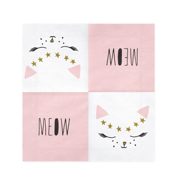 NAPKINS LARGE - ANIMAL CAT MEOW WHITE + PINK