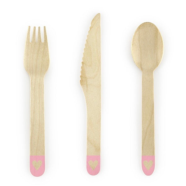 WOODEN CUTLERY SET - PINK HEARTS (for 6)